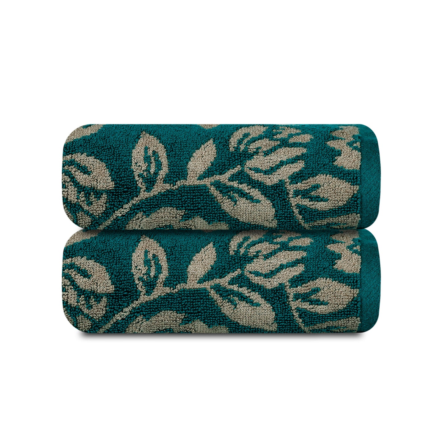 Yarn Dyed Golden Flower Border Print Jaquard Emerlad Green Hand Towel 600 GSM Pack of 2 Hand Towels