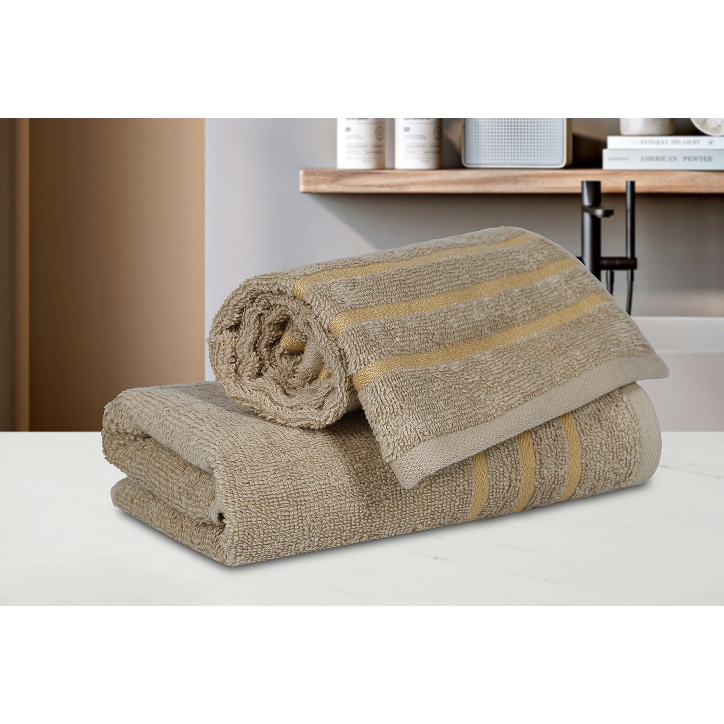 Gold Polly Border Taupe Hand Towel 400 GSM Pack of 2 Hand Towels