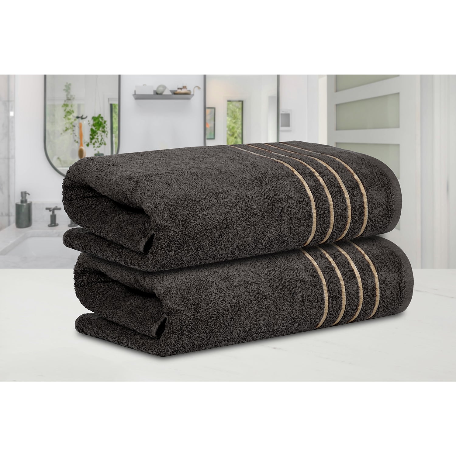 Gold Polly Border Charcoal Bath Towel 400 GSM Pack of 2 Bath Towels
