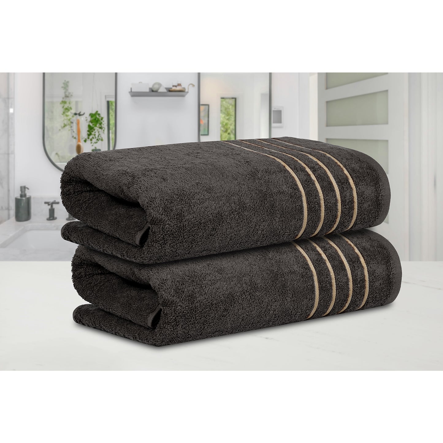 Gold Polly Border Charcoal Bath Towel 400 GSM Pack of 2 Bath Towels