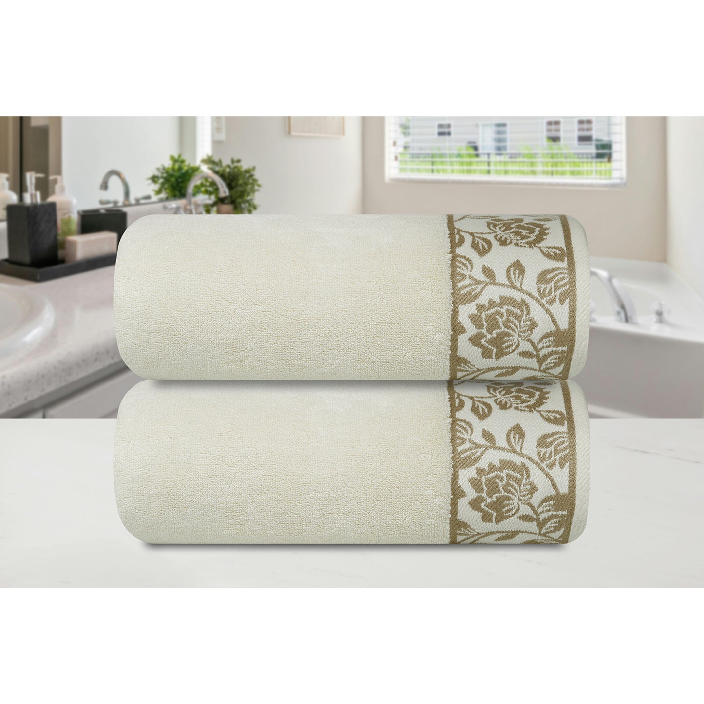 Yarn Dyed Golden Flower Print Jaquard Erget Bath Towel 600 GSM Pack of 2 Bath Towels
