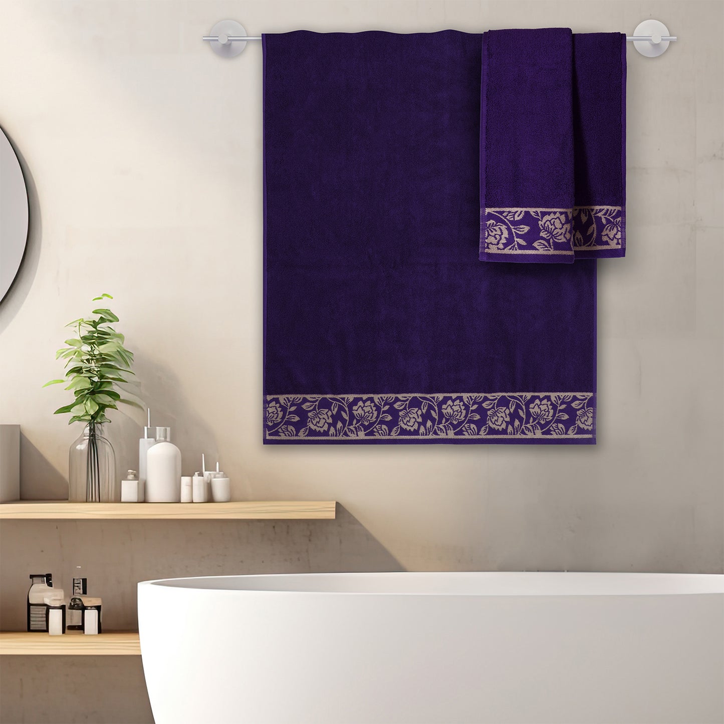 Yarn Dyed Golden Flower Print Jaquard Petunia Bath & Hand Towel 600 GSM Pack of 1 Bath and 1 hand Towels