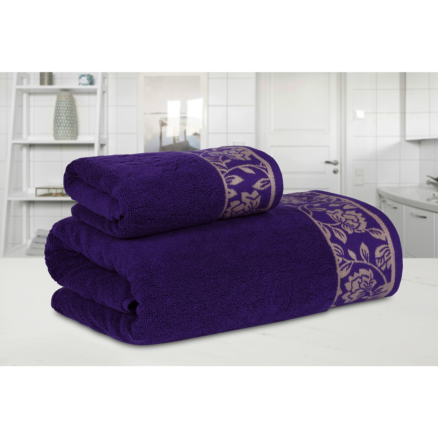 Yarn Dyed Golden Flower Print Jaquard Petunia Bath & Hand Towel 600 GSM Pack of 1 Bath and 1 hand Towels