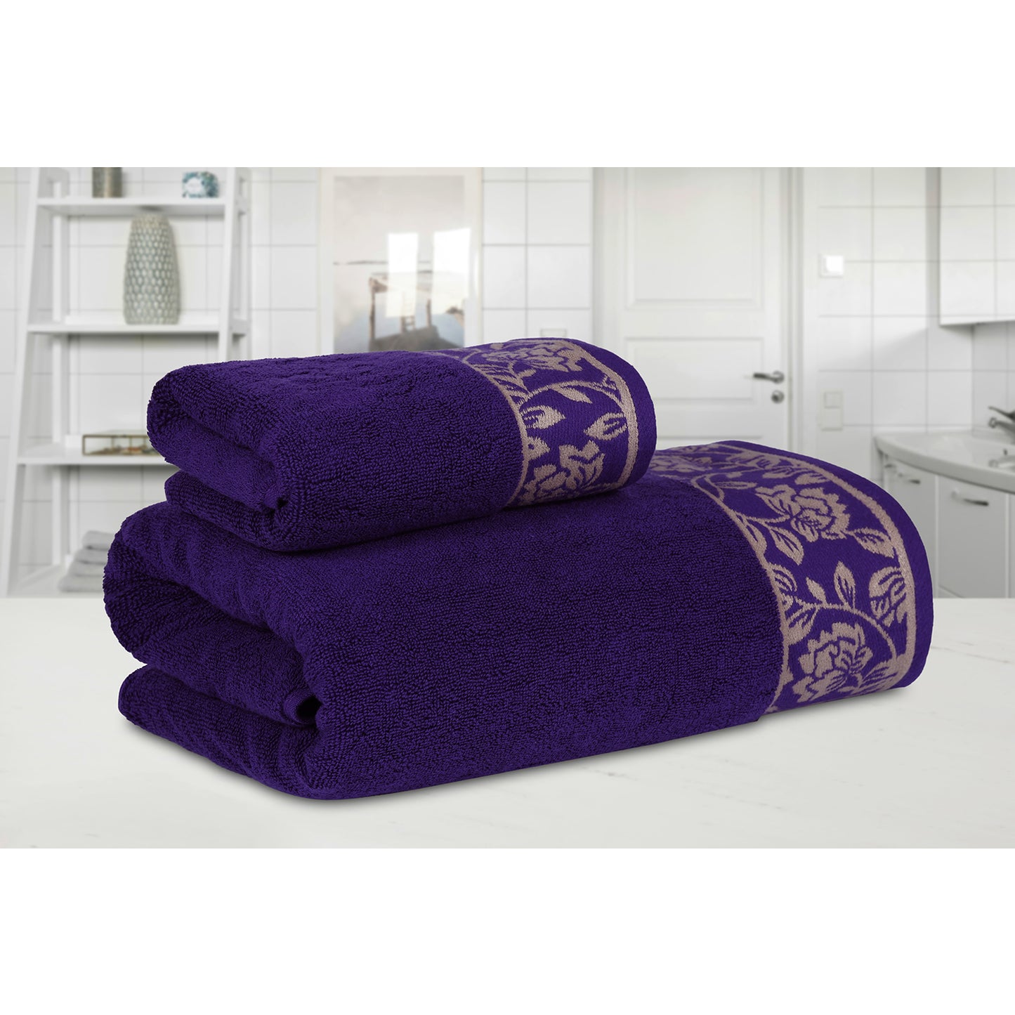Yarn Dyed Golden Flower Print Jaquard Petunia Bath & Hand Towel 600 GSM Pack of 1 Bath and 1 hand Towels