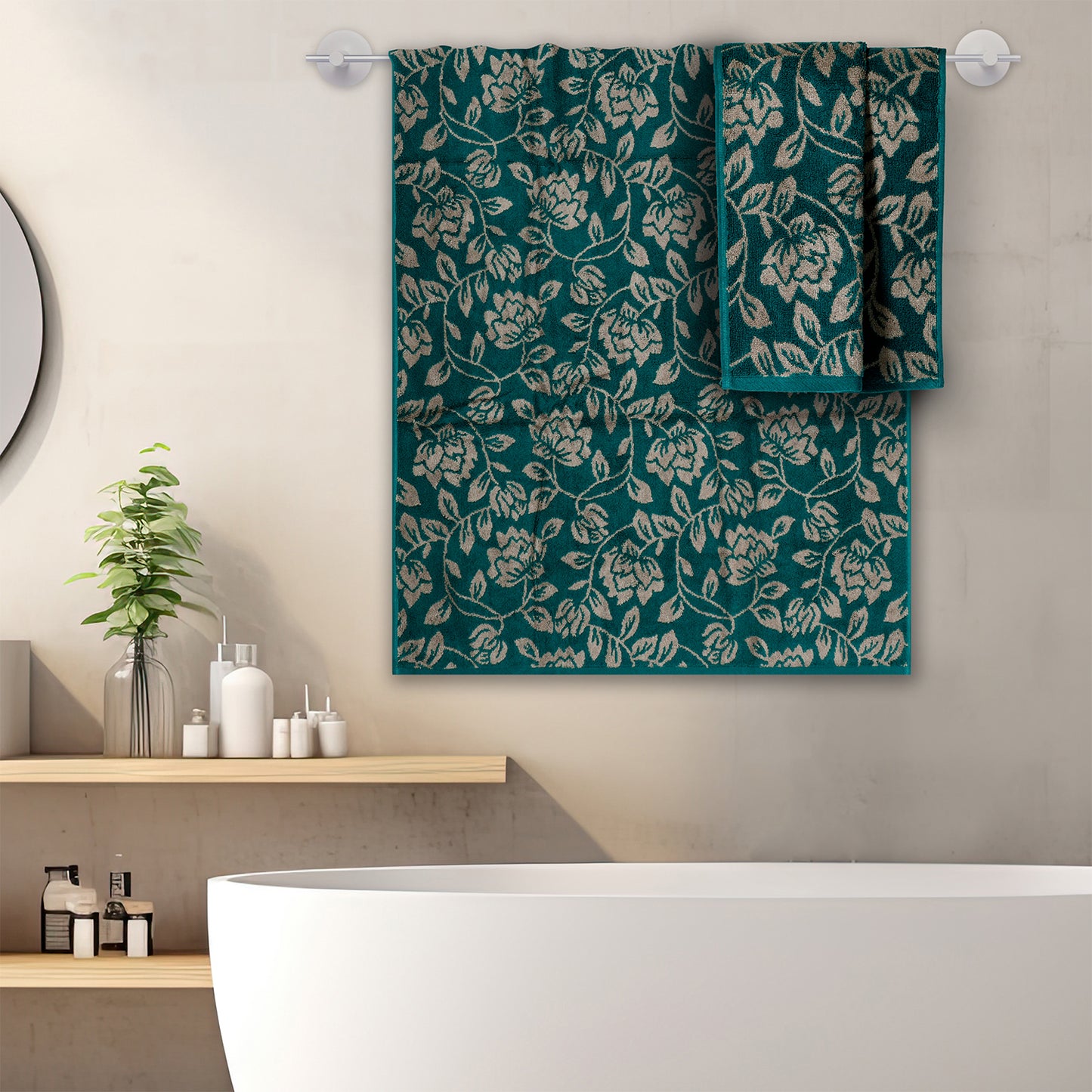 Yarn Dyed Golden Flower Border Print Jaquard Emerlad Green Bath & Hand Towel 600 GSM Pack of 1 Bath and 1 hand Towels
