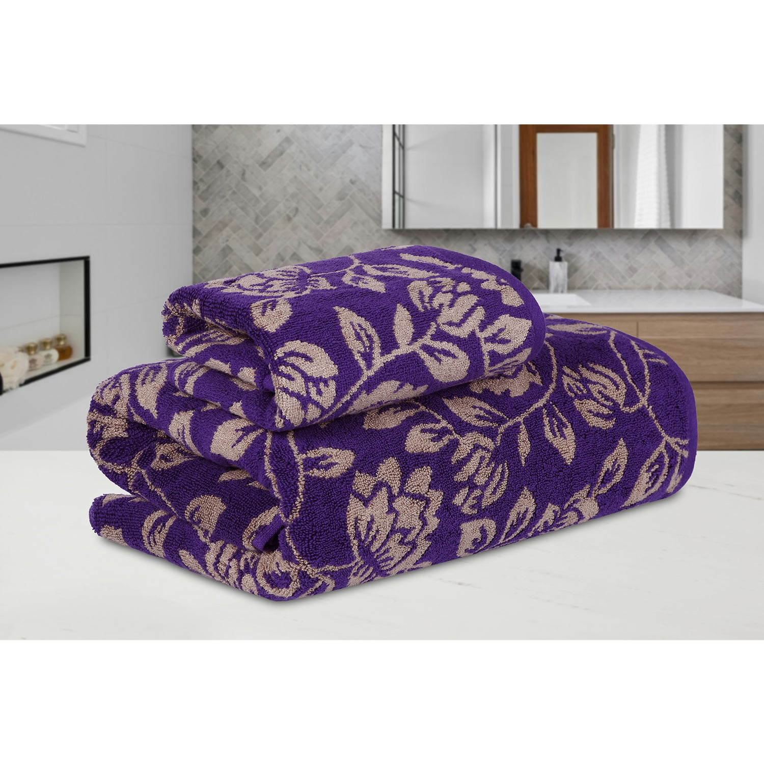 Yarn Dyed Golden Flower Border Print Jaquard Petunia Bath & Hand Towel 600 GSM Pack of 1 Bath and 1 hand Towels