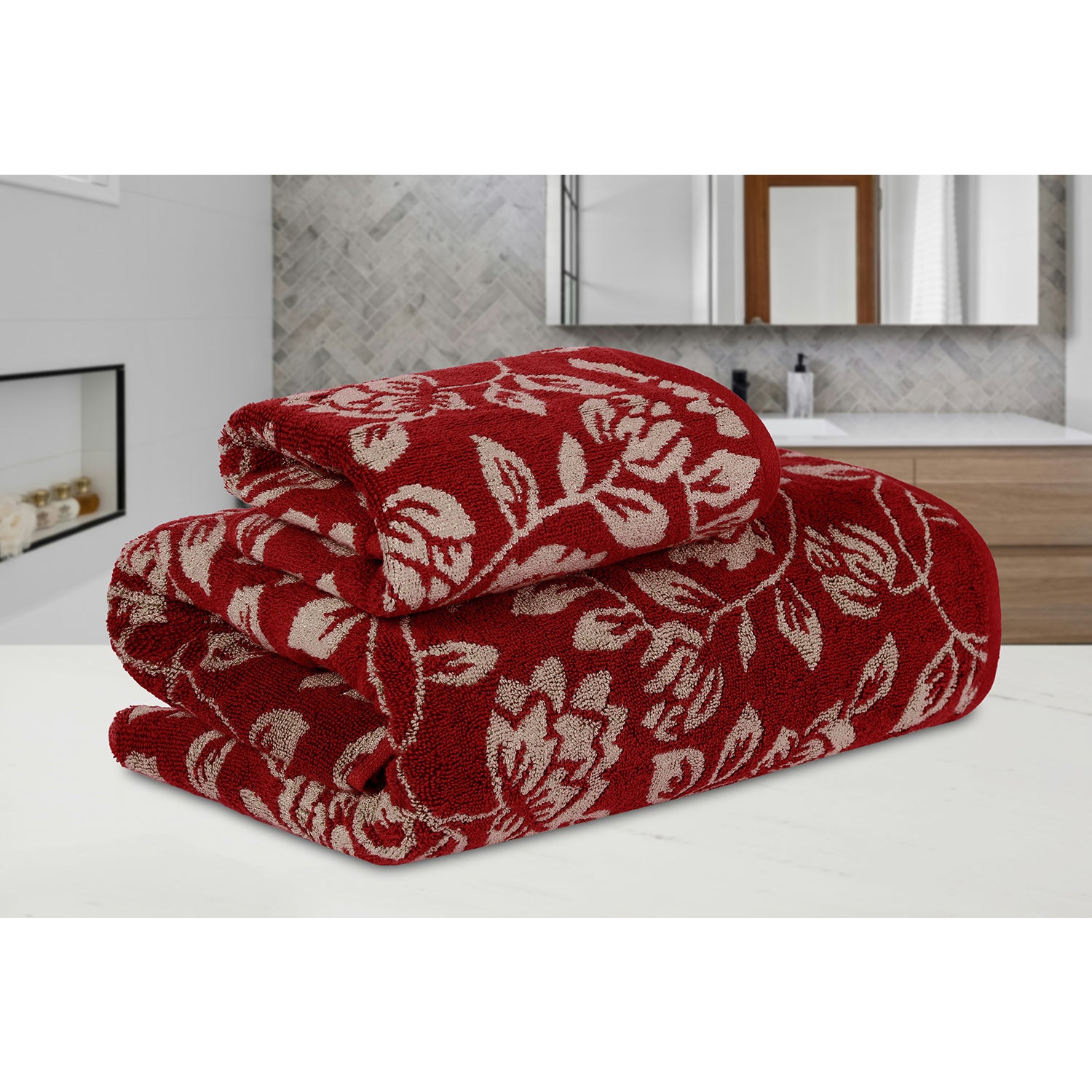 Yarn Dyed Golden Flower Border Print Jaquard Ssage Bath & Hand Towel 600 GSM Pack of 1 Bath and 1 hand Towels