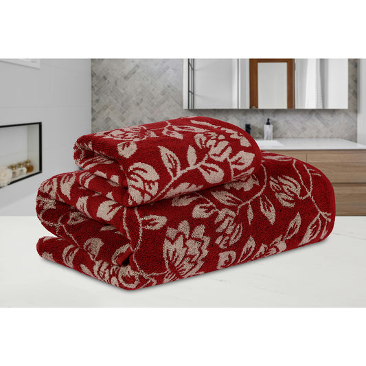 Yarn Dyed Golden Flower Border Print Jaquard Ssage Bath & Hand Towel 600 GSM Pack of 1 Bath and 1 hand Towels