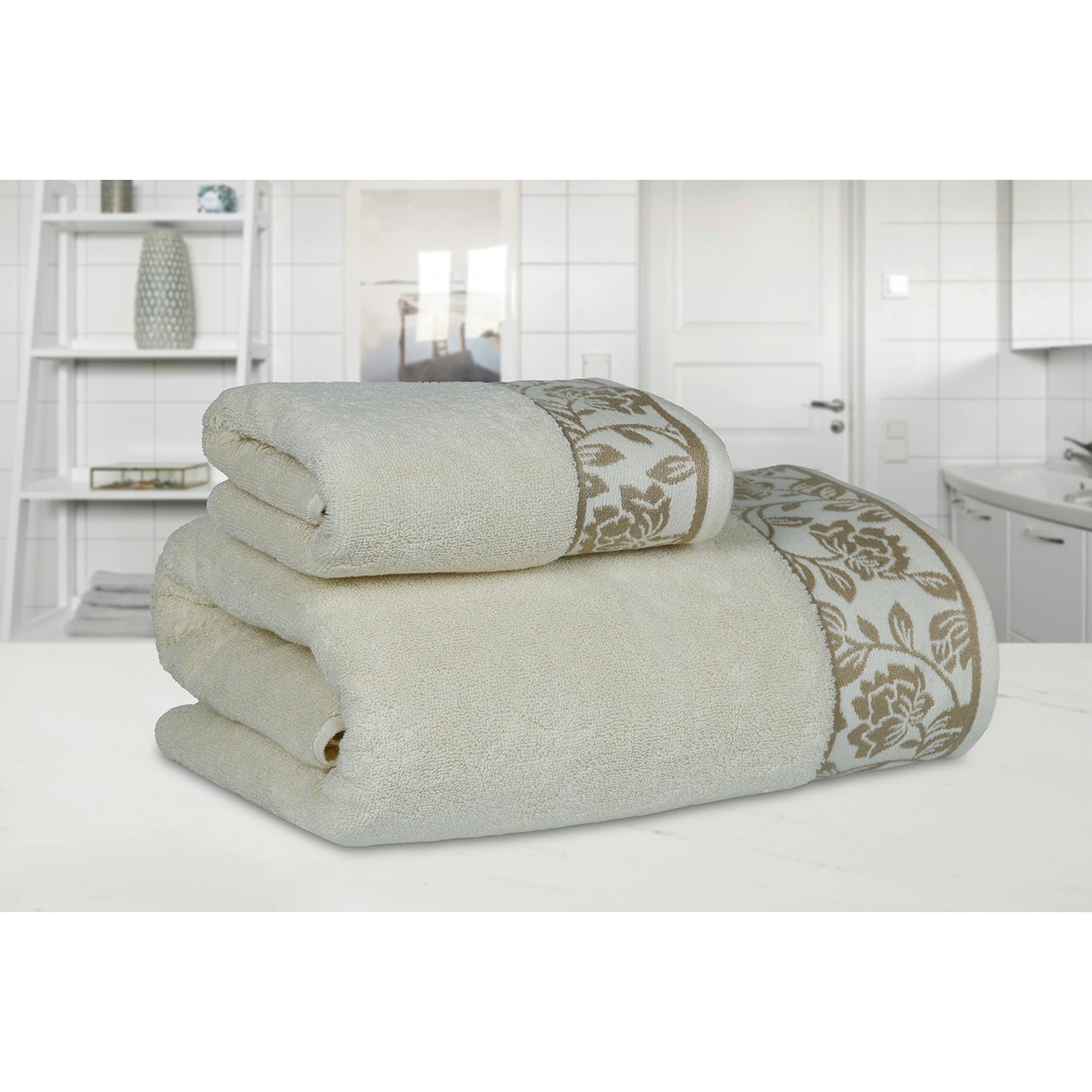 Yarn Dyed Golden Flower Print Jaquard Erget Bath & Hand Towel 600 GSM Pack of 1 Bath and 1 hand Towels