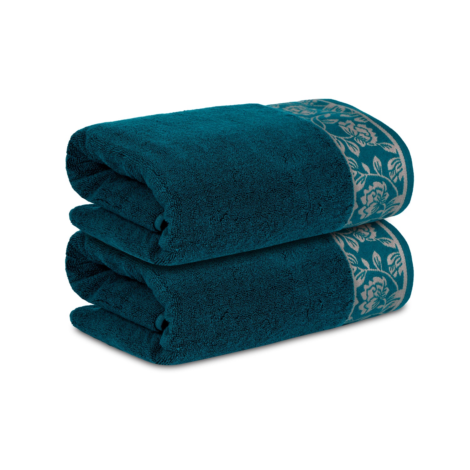 Yarn Dyed Golden Flower Print Jaquard Emerlad Green Bath Towel 600 GSM Pack of 2 Bath Towels
