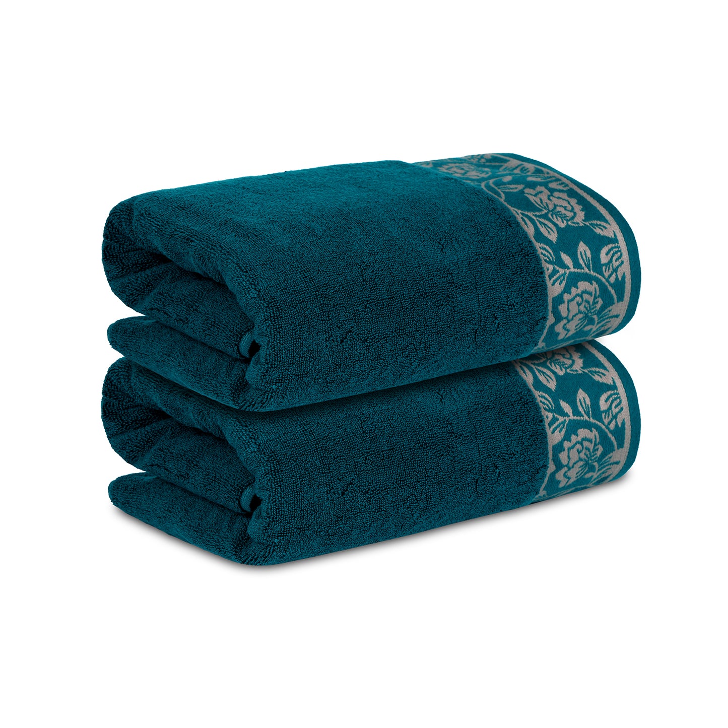 Yarn Dyed Golden Flower Print Jaquard Emerlad Green Bath Towel 600 GSM Pack of 2 Bath Towels
