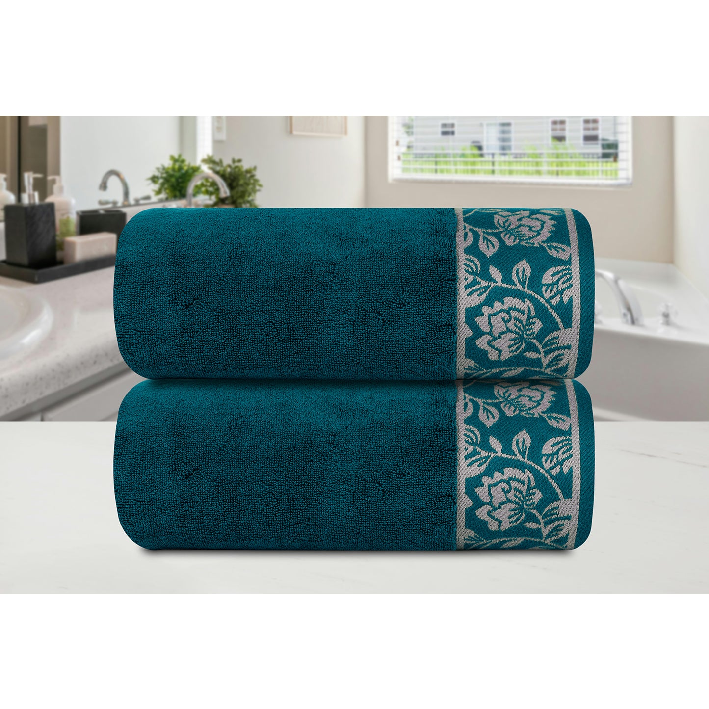 Yarn Dyed Golden Flower Print Jaquard Emerlad Green Bath Towel 600 GSM Pack of 2 Bath Towels