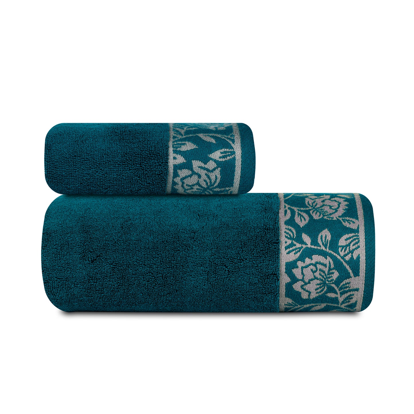 Yarn Dyed Golden Flower Print Jaquard Emerlad Green Bath & Hand Towel 600 GSM Pack of 1 Bath and 1 hand Towels