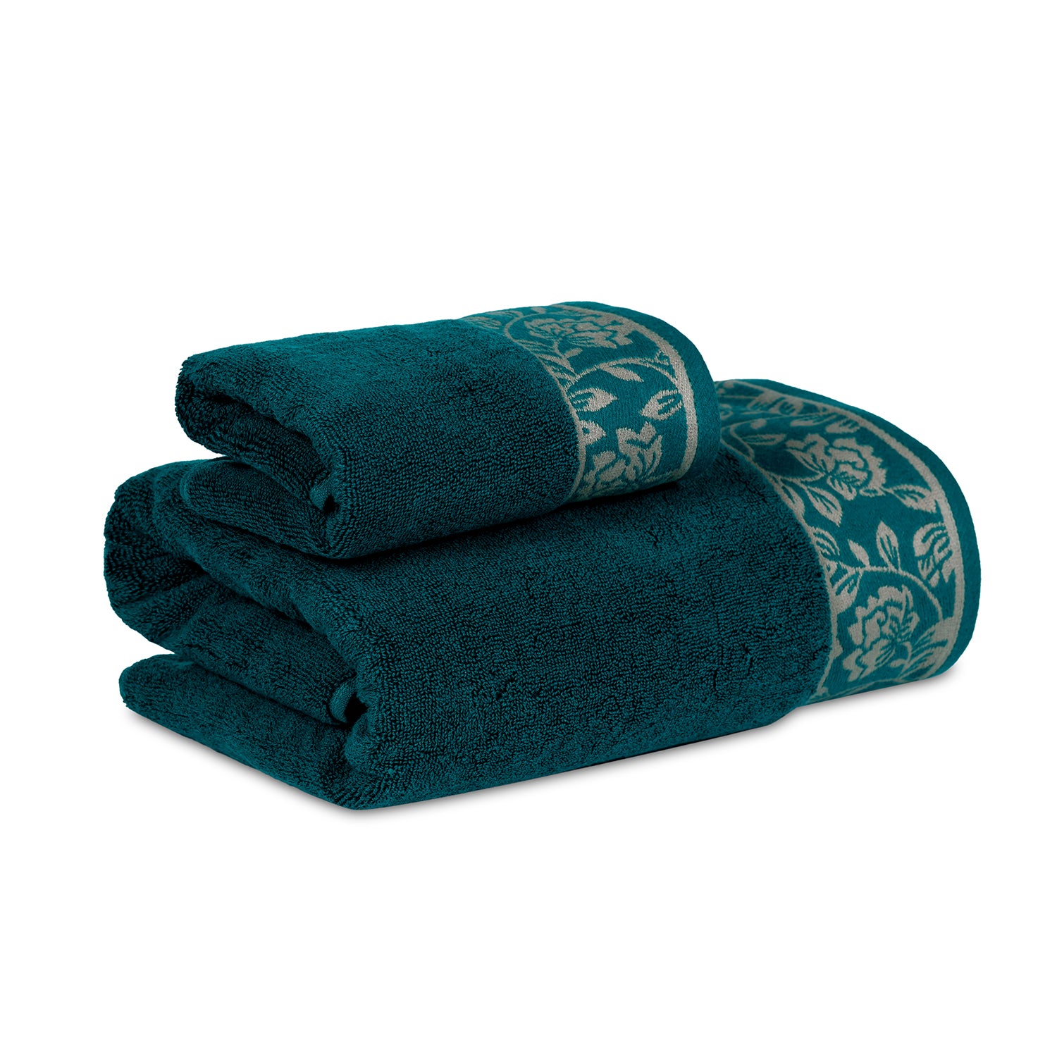 Yarn Dyed Golden Flower Print Jaquard Emerlad Green Bath & Hand Towel 600 GSM Pack of 1 Bath and 1 hand Towels