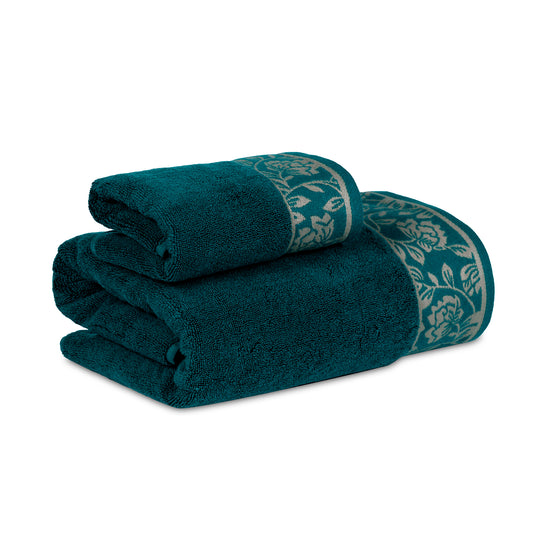 Yarn Dyed Golden Flower Print Jaquard Emerlad Green Bath & Hand Towel 600 GSM Pack of 1 Bath and 1 hand Towels