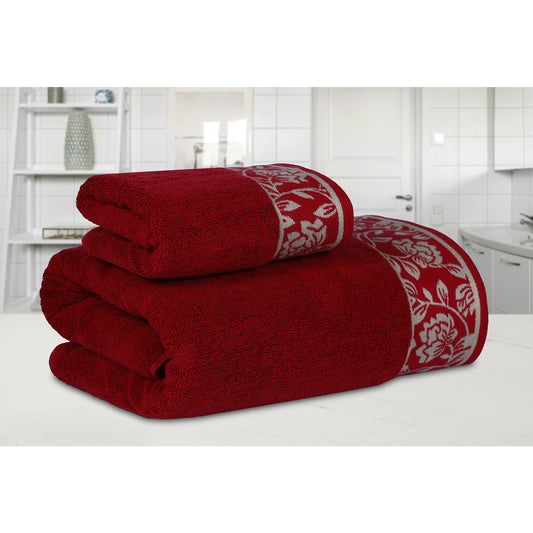 Yarn Dyed Golden Flower Print Jaquard Ssage Bath & Hand Towel 600 GSM Pack of 1 Bath and 1 hand Towels