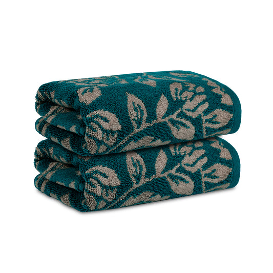 Yarn Dyed Golden Flower Border Print Jaquard Emerlad Green Hand Towel 600 GSM Pack of 2 Hand Towels