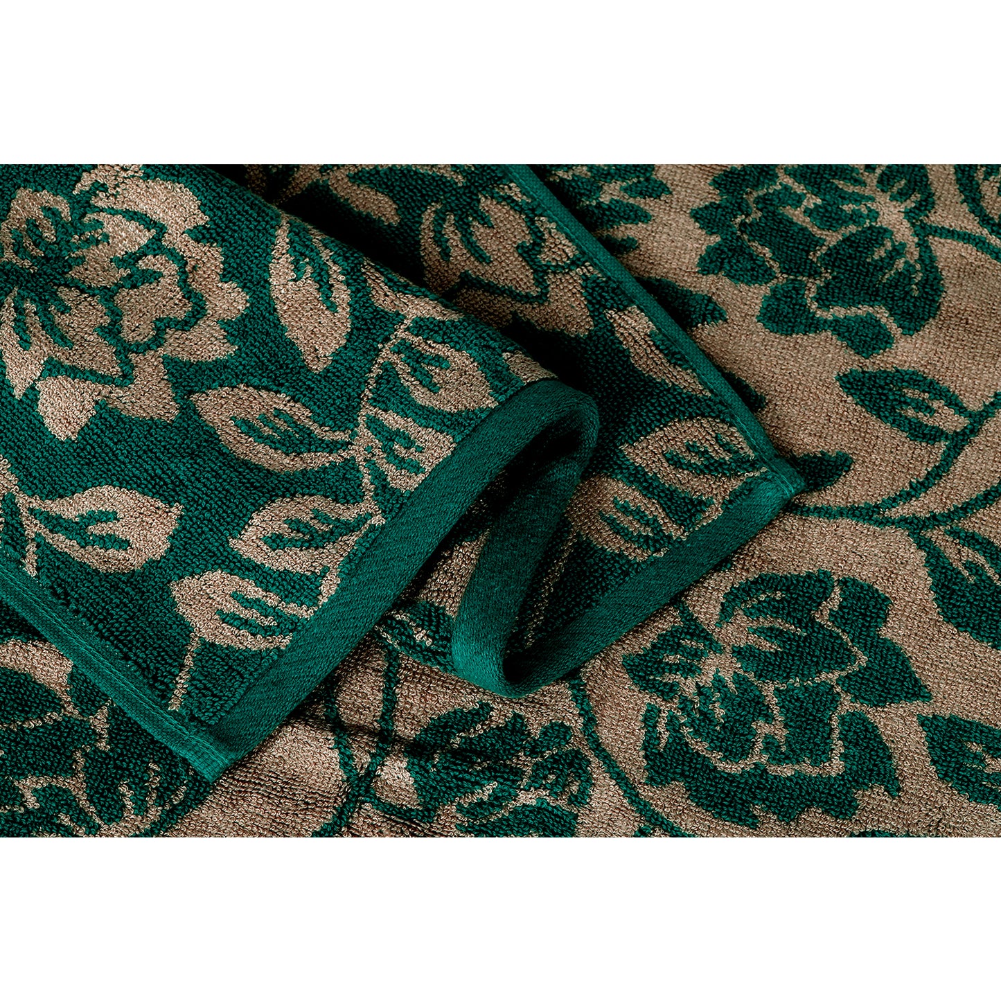 Yarn Dyed Golden Flower Border Print Jaquard Emerlad Green Hand Towel 600 GSM Pack of 2 Hand Towels