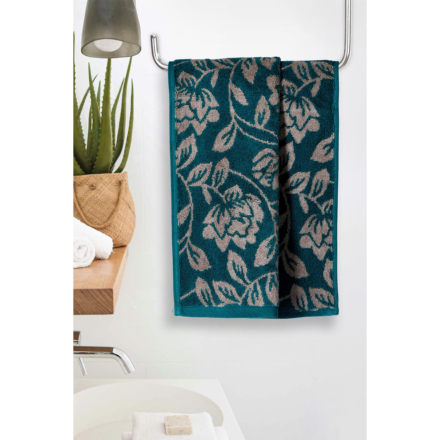 Yarn Dyed Golden Flower Border Print Jaquard Emerlad Green Hand Towel 600 GSM Pack of 2 Hand Towels