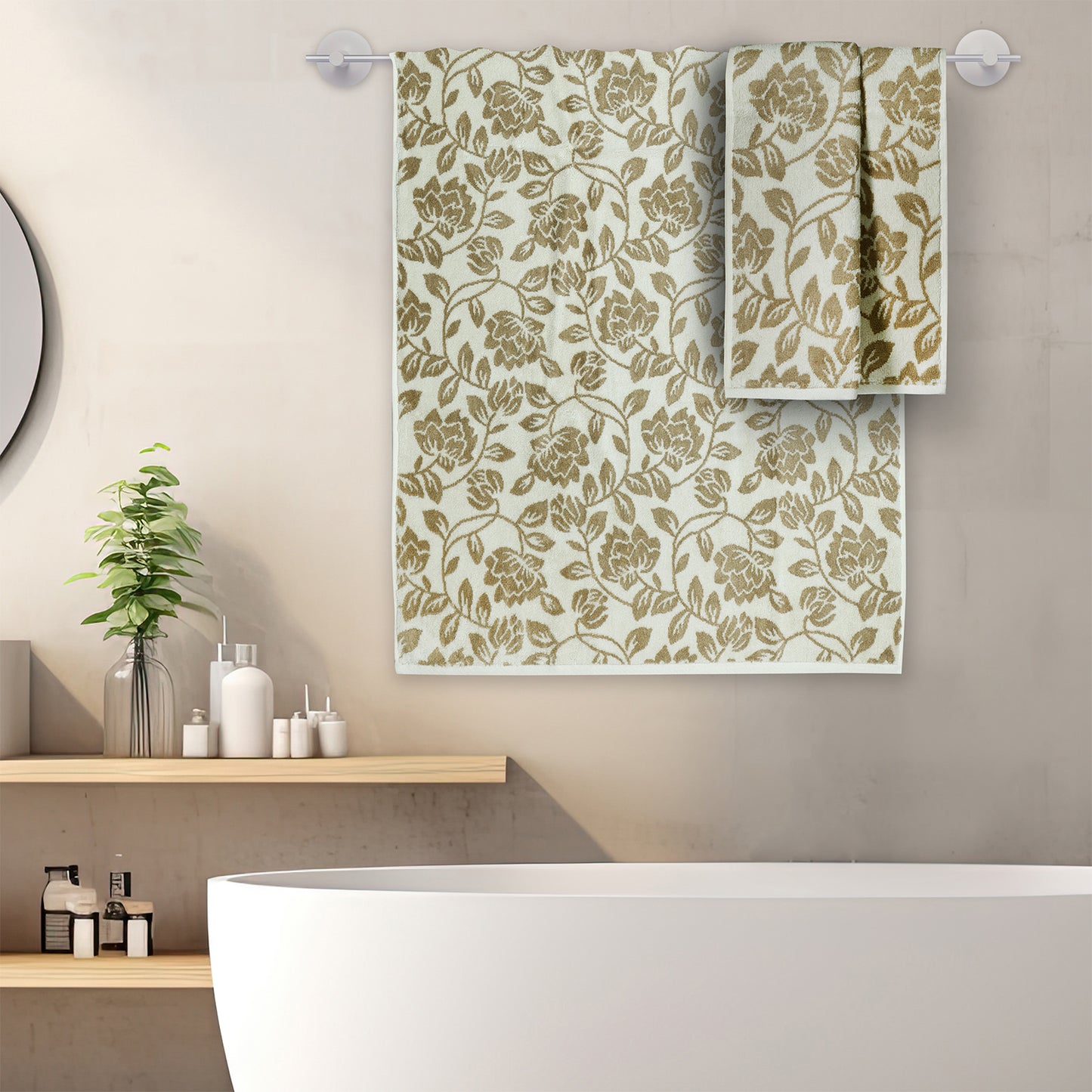 Yarn Dyed Golden Flower Border Print Jaquard Erget Bath & Hand Towel 600 GSM Pack of 1 Bath and 1 hand Towels