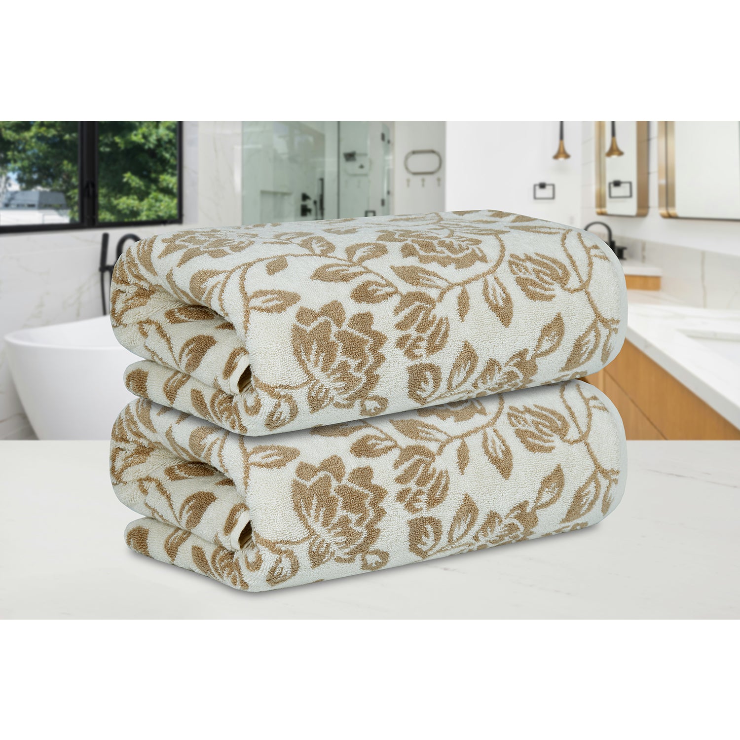 Yarn Dyed Golden Flower Border Print Jaquard Erget Bath Towel 600 GSM Pack of 2 Bath Towels