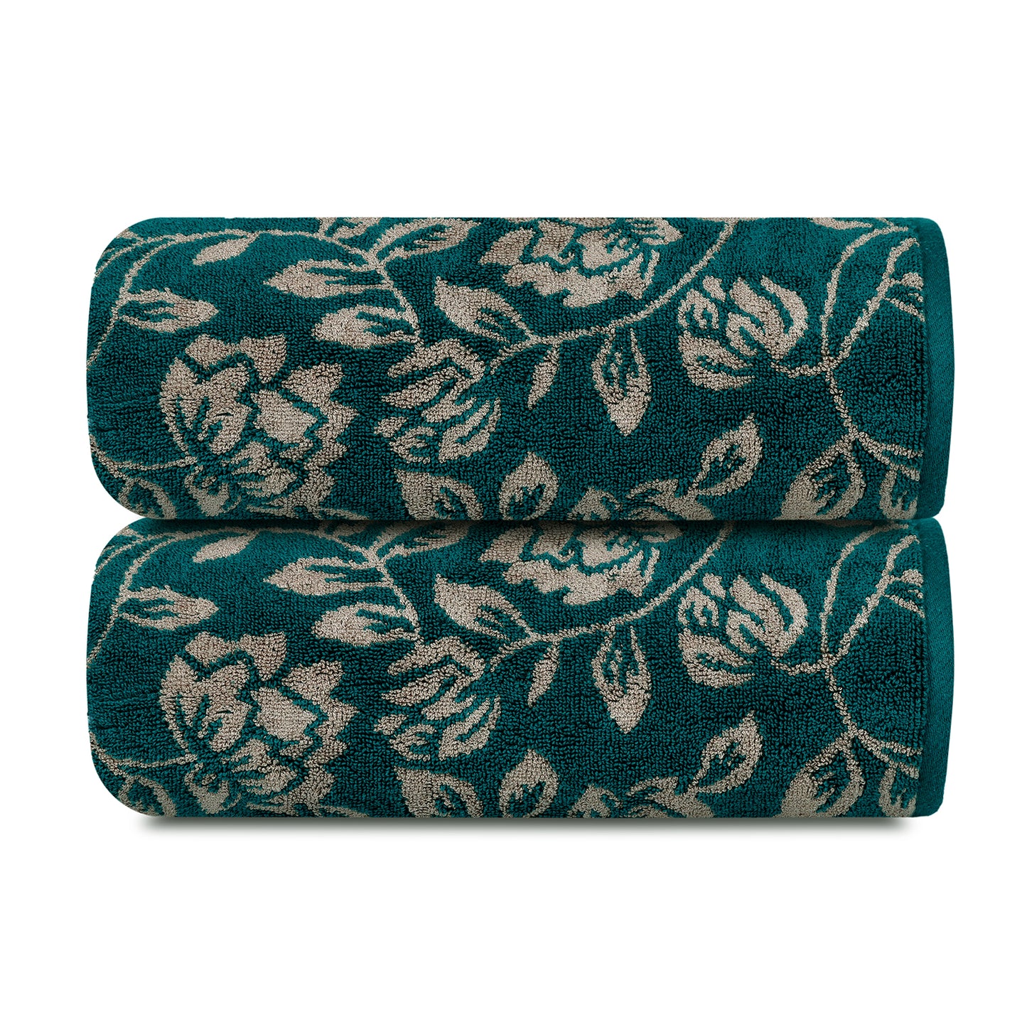 Yarn Dyed Golden Flower Border Print Jaquard Emerlad Green Bath Towel 600 GSM Pack of 2 Bath Towels