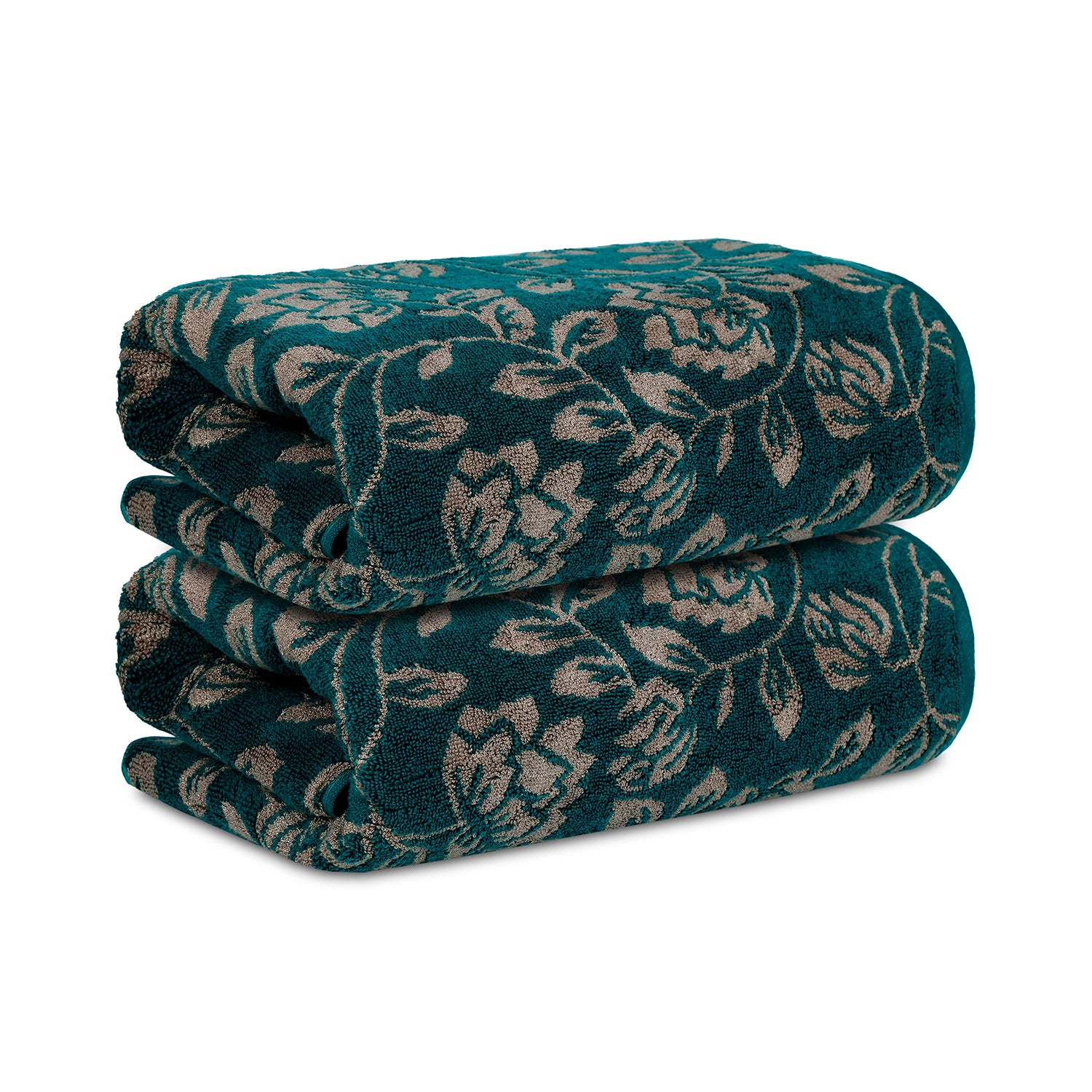 Yarn Dyed Golden Flower Border Print Jaquard Emerlad Green Bath Towel 600 GSM Pack of 2 Bath Towels