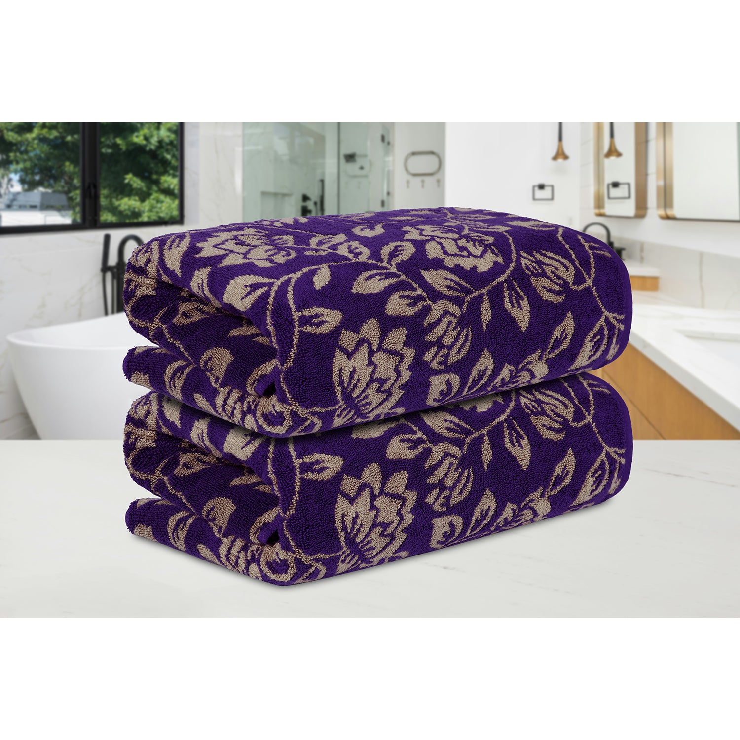 Yarn Dyed Golden Flower Border Print Jaquard Petunia Bath Towel 600 GSM Pack of 2 Bath Towels